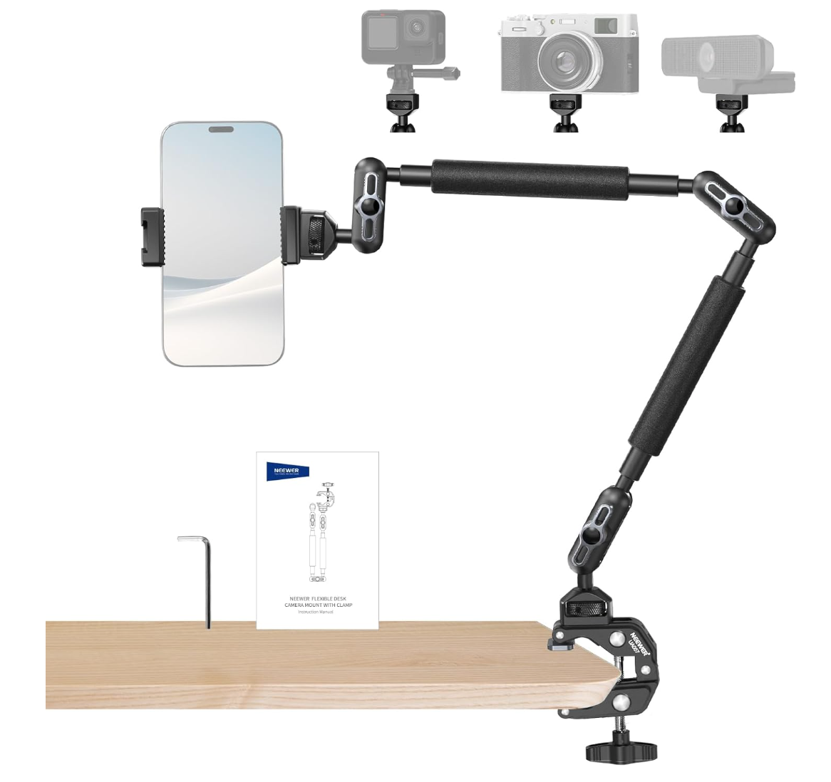 NEEWER 22" Magic Arm w Desk C Clamp, Overhead Camera Mount with Articulating Mic Boom Arm 1/4" 3/8" Threads for ARRI, Desktop Stand Holder for Phone Microphone Webcam Action Camera Video Light, UA057